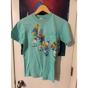 Vintage 80s American Sailing T Shirt Mens XL Teal Sailboats Pocket Tee